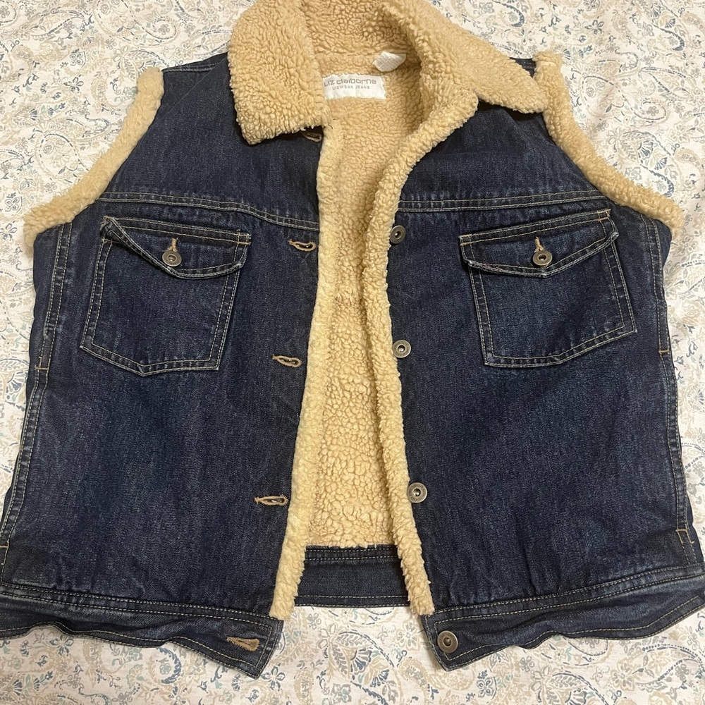 Liz Claiborne Blue Denim Vest with Cream Sherpa Lining